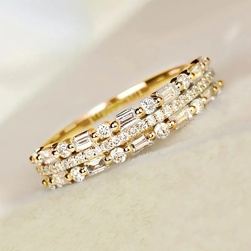 Multilayer copper ring with three-layer fine circle and line setting inlaid zircon for women