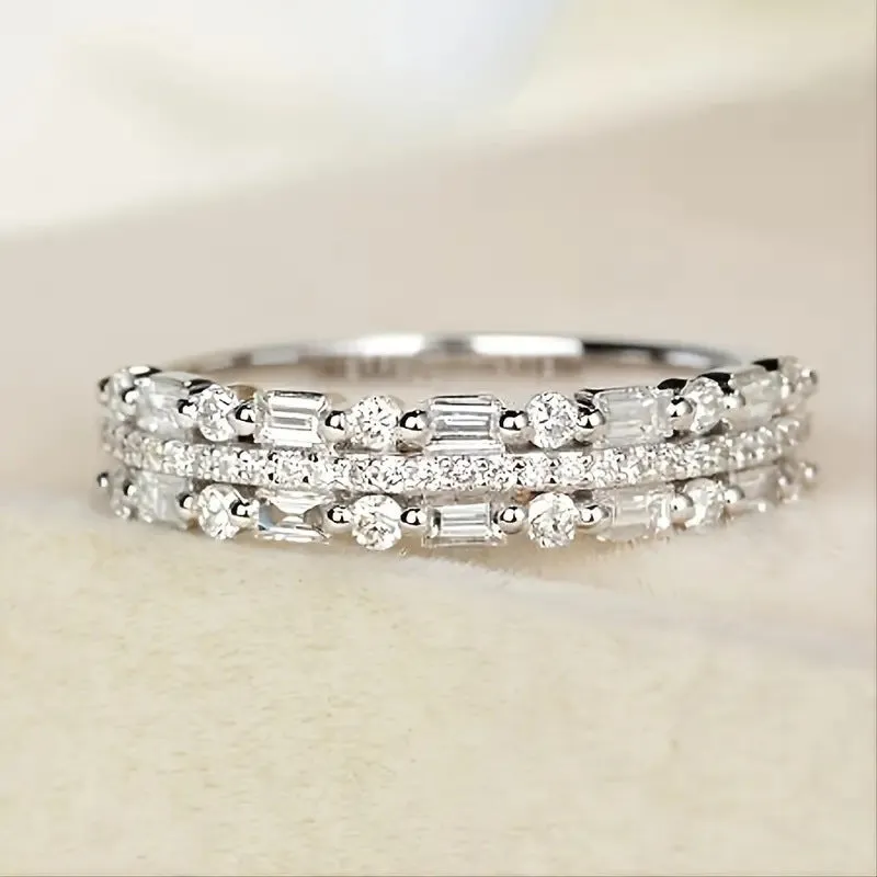 Multilayer copper ring with three-layer fine circle and line setting inlaid zircon for women