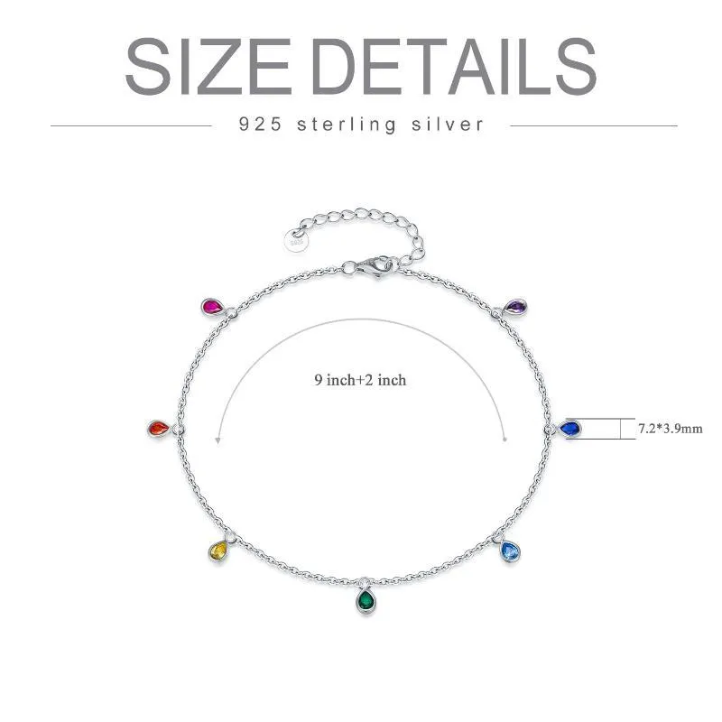 Sterling silver anklet with rainbow oval crystal stones on white gold plated 1.2mm cable chain