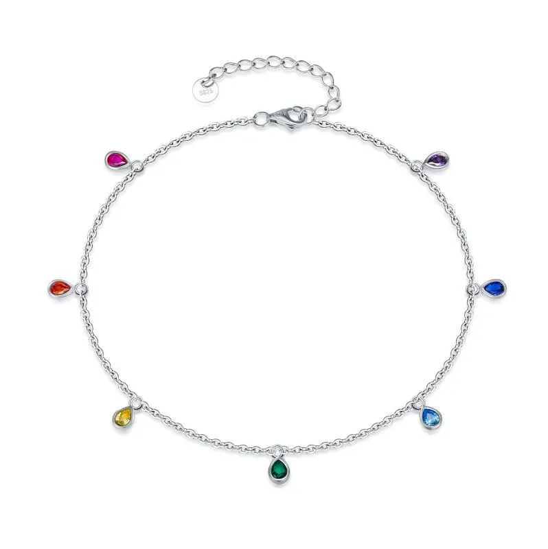 Sterling silver anklet with rainbow oval crystal stones on white gold plated 1.2mm cable chain