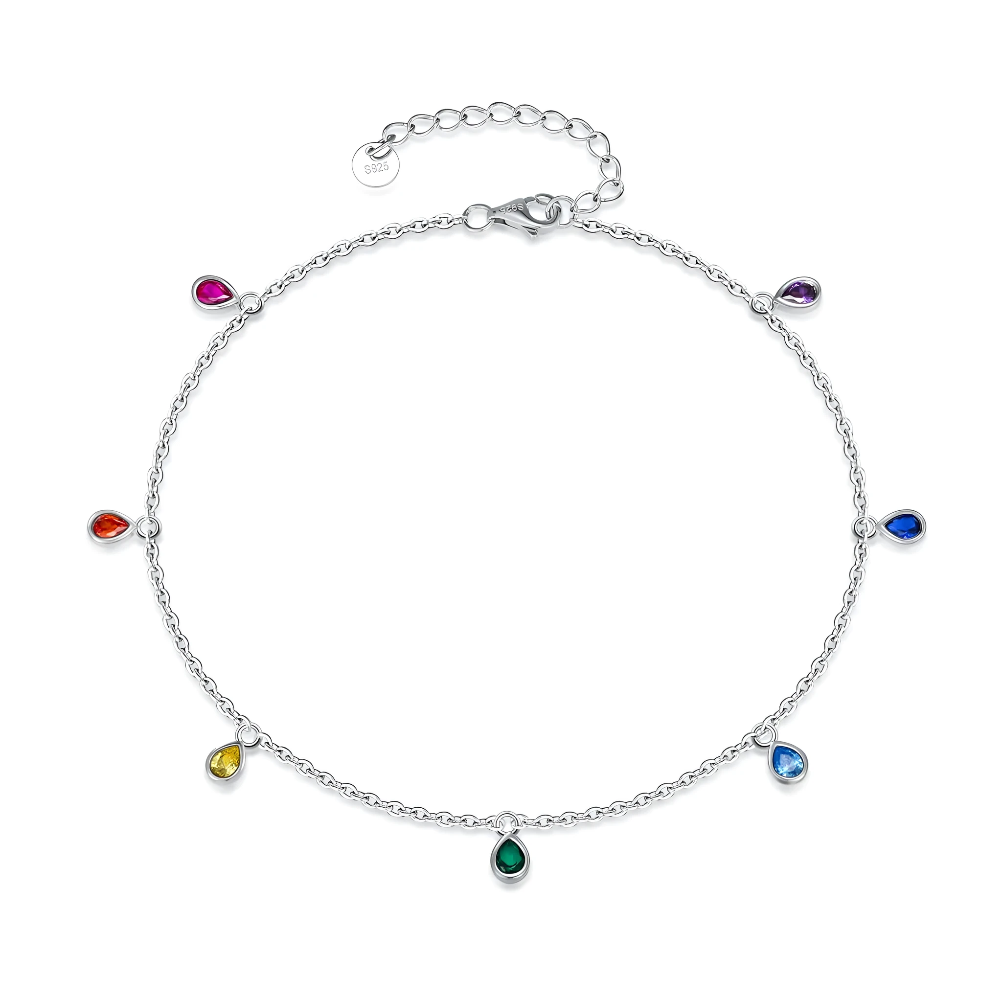Sterling silver anklet with rainbow oval crystal stones on white gold plated 1.2mm cable chain
