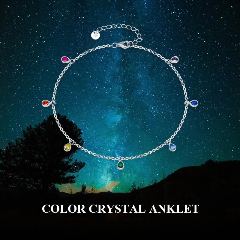 Sterling silver anklet with rainbow oval crystal stones on white gold plated 1.2mm cable chain
