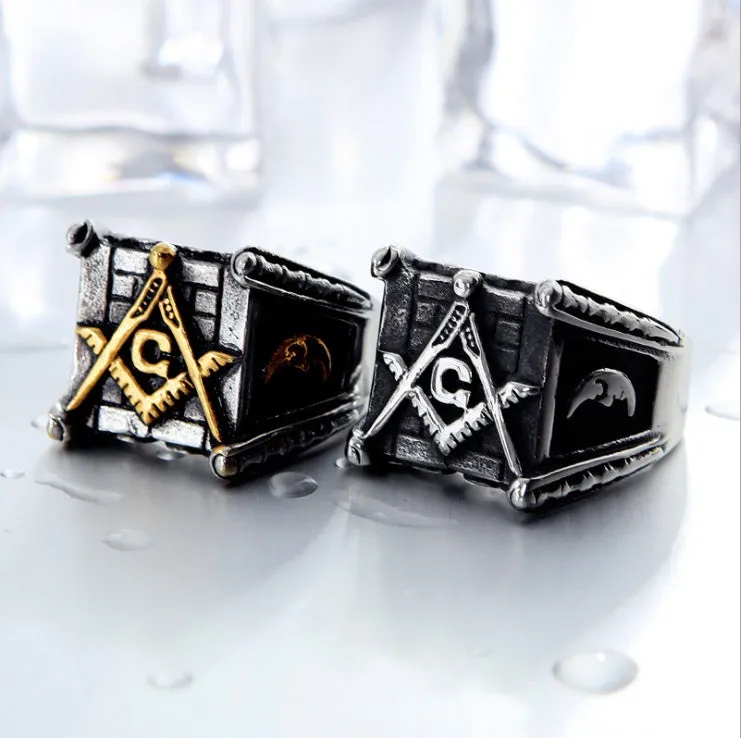Handmade Masonic ring for men with sun and moon motifs, high-polish silver colour, size 10