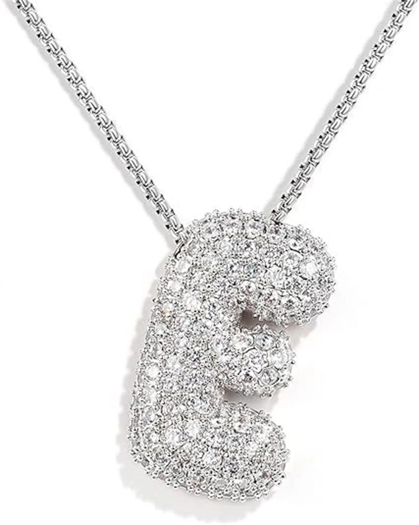 Brass zircon balloon English letter necklace in gold finish, copper base with inlaid zircon stones, on a woman's collarbone