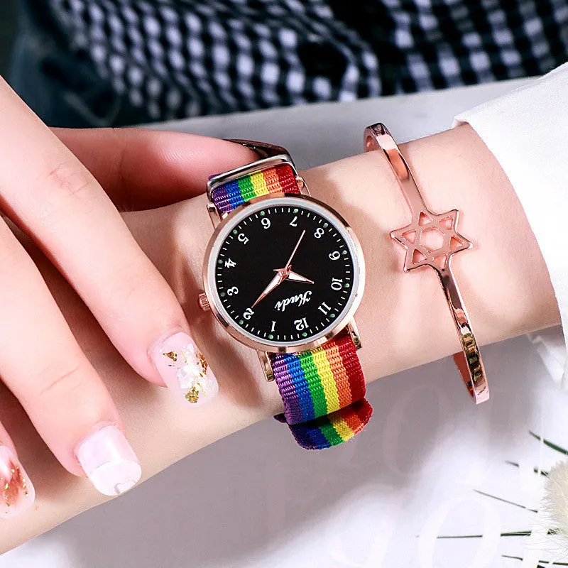 Ladies luminous starry sky watch with round 36mm dial and rainbow nylon canvas strap, pin buckle closure