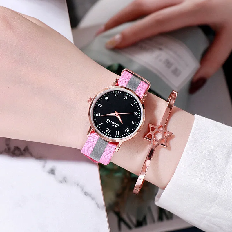 Ladies luminous starry sky watch with round 36mm dial and rainbow nylon canvas strap, pin buckle closure