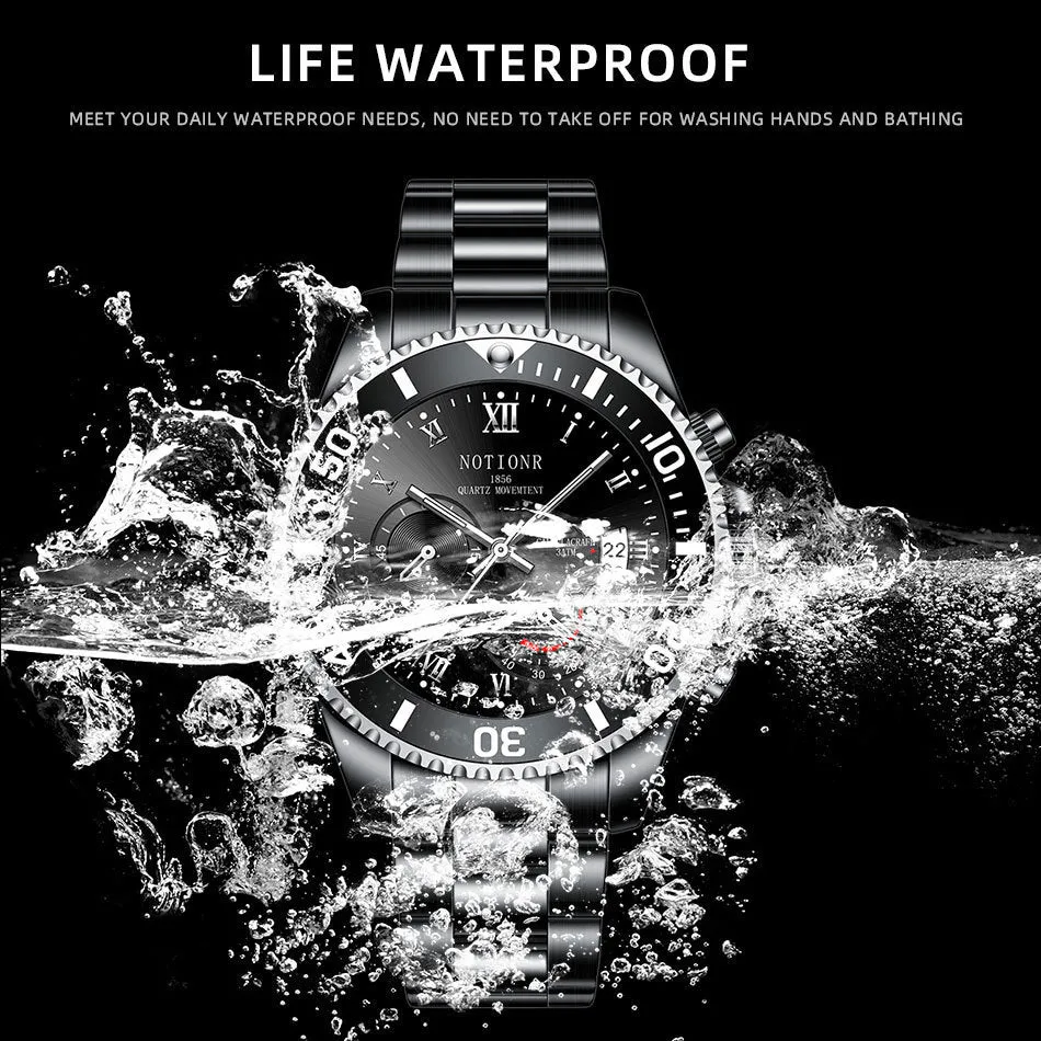 Men's waterproof luminous calendar quartz watch with steel case, black dial, and date window