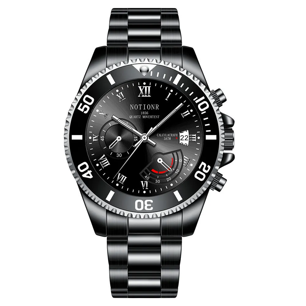 Men's waterproof luminous calendar quartz watch with steel case, black dial, and date window