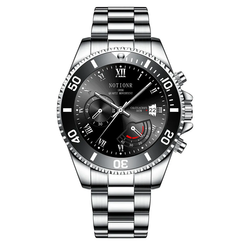 Men's waterproof luminous calendar quartz watch with steel case, black dial, and date window