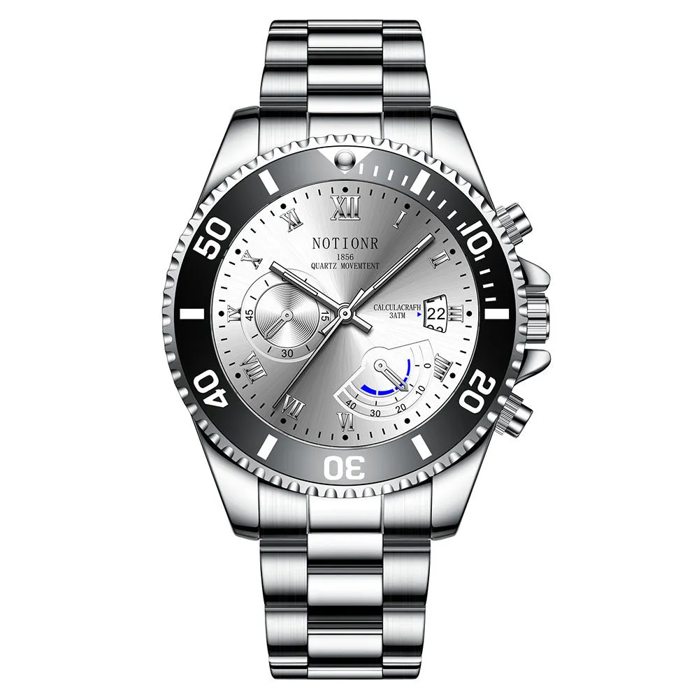 Men's waterproof luminous calendar quartz watch with steel case, black dial, and date window
