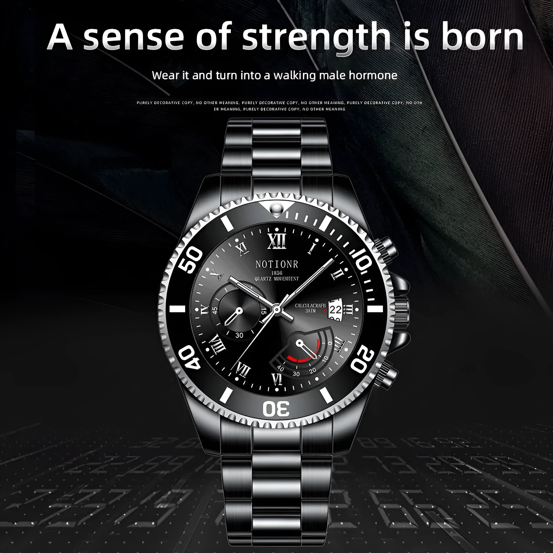 Men's waterproof luminous calendar quartz watch with steel case, black dial, and date window