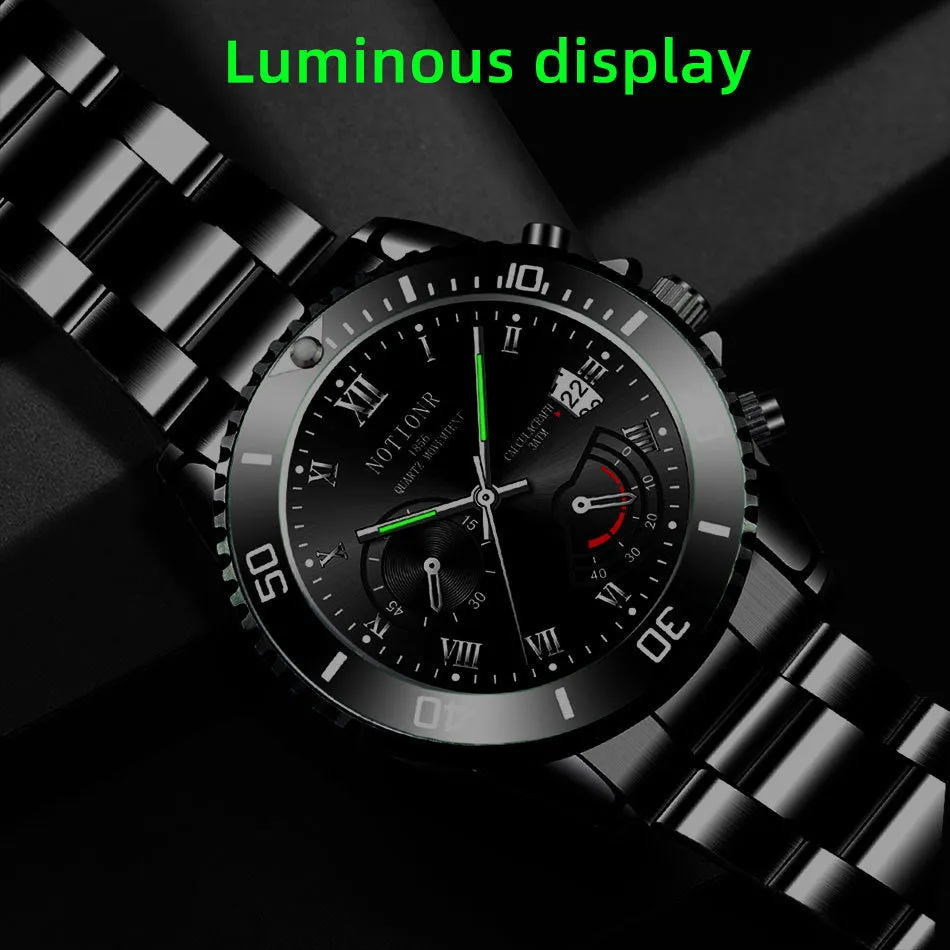 Men's waterproof luminous calendar quartz watch with steel case, black dial, and date window