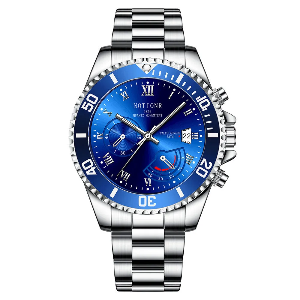 Men's waterproof luminous calendar quartz watch with steel case, black dial, and date window