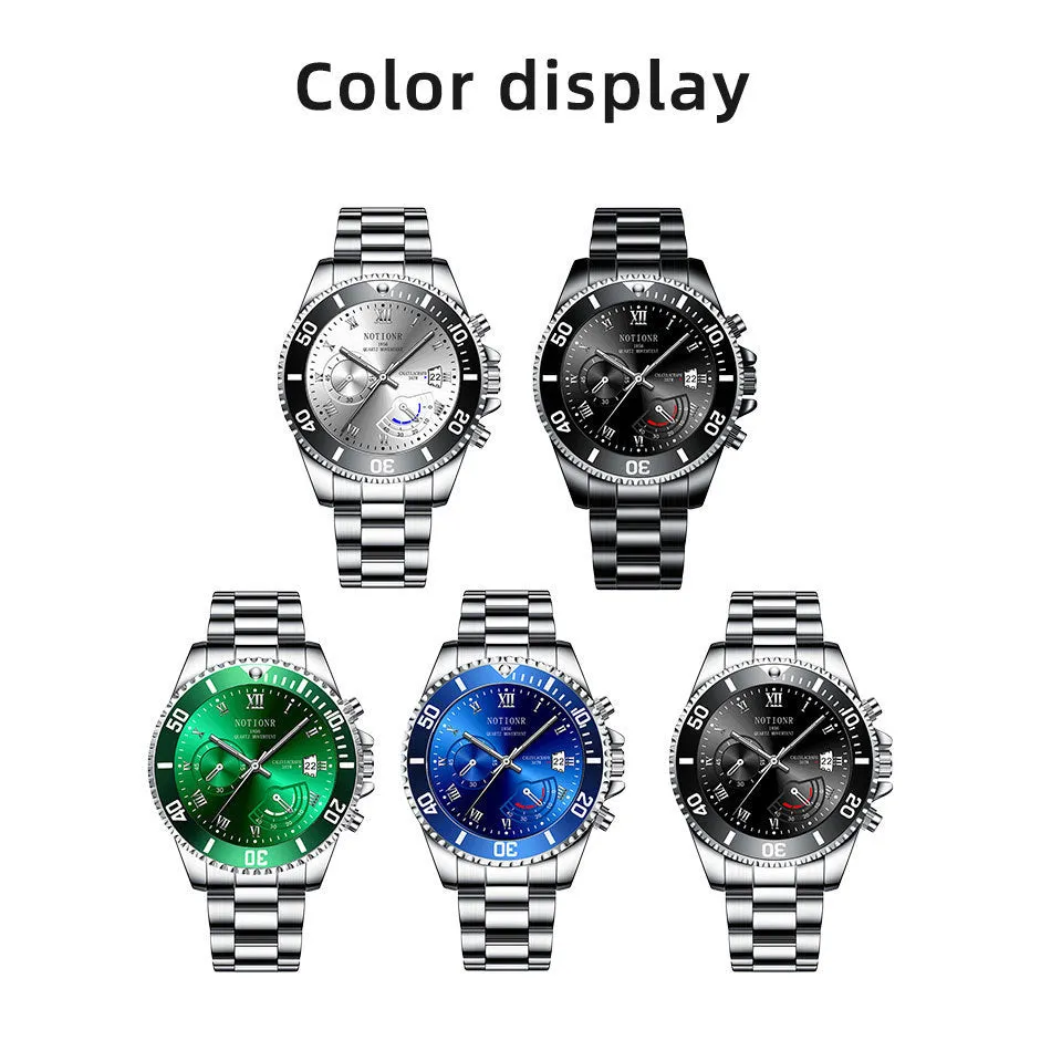 Men's waterproof luminous calendar quartz watch with steel case, black dial, and date window