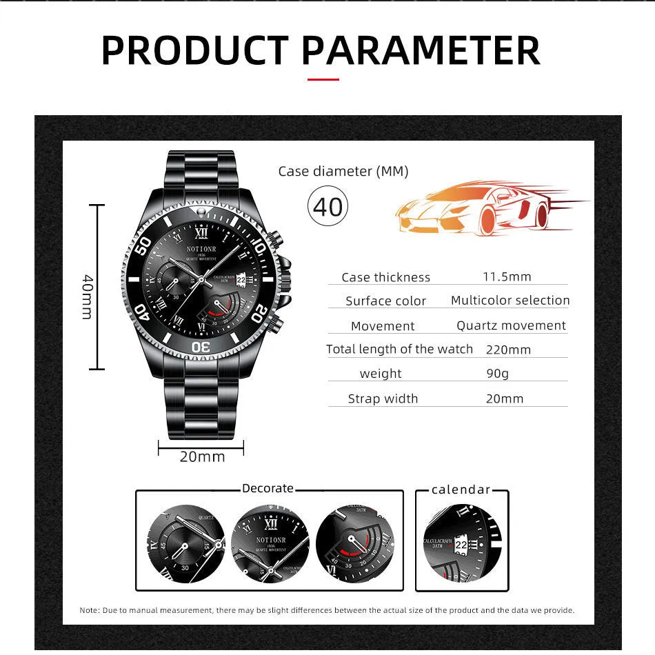 Men's waterproof luminous calendar quartz watch with steel case, black dial, and date window