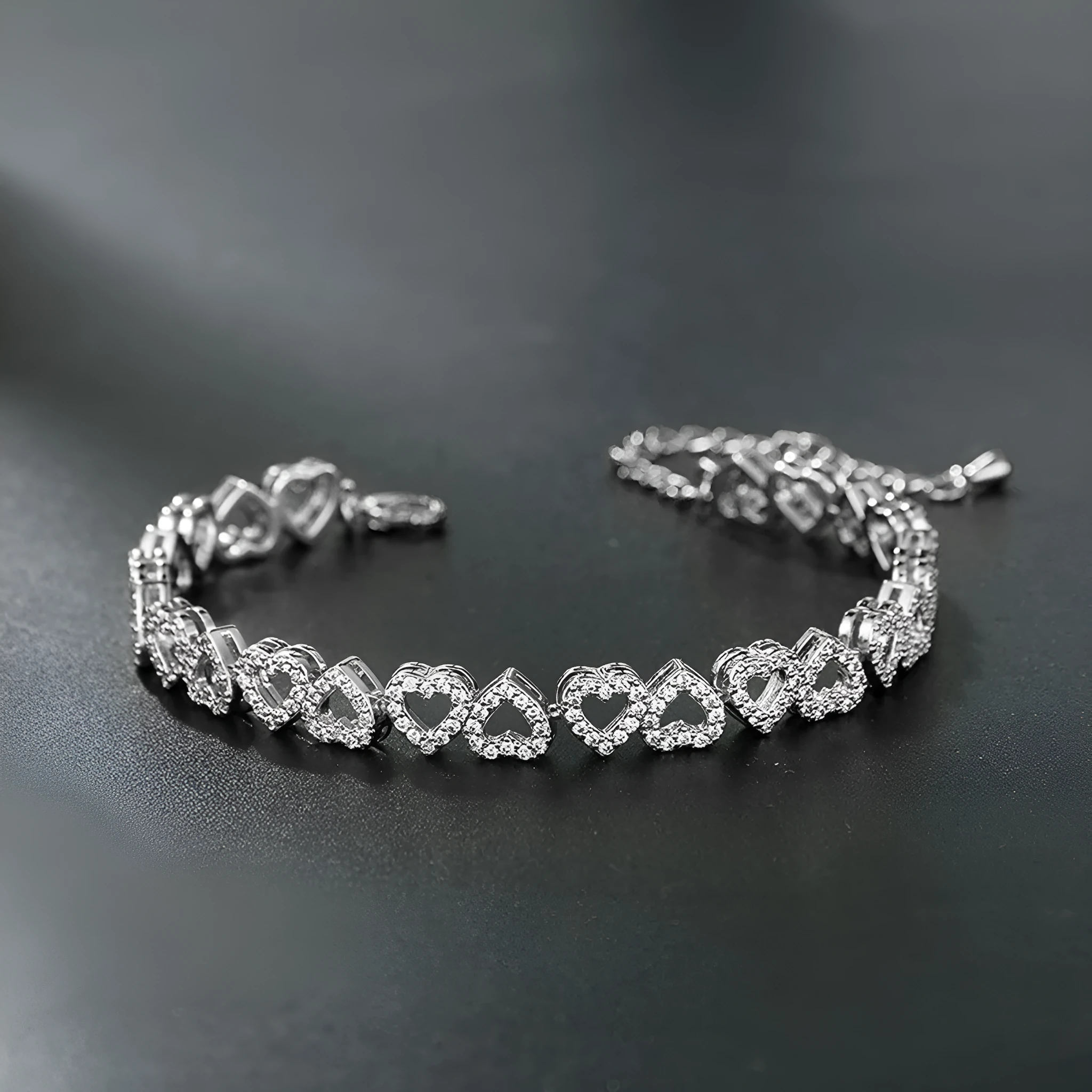 Girl's diamond bracelet with full diamond heart, silver electroplated finish, copper base, heart shaped jewellery for women