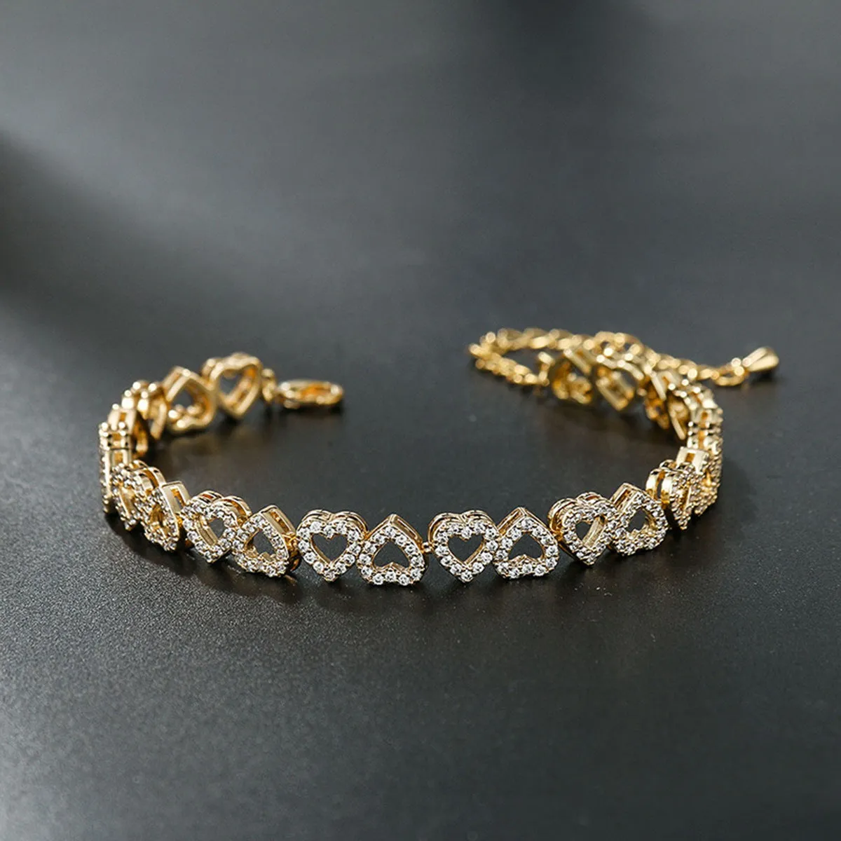 Girl's diamond bracelet with full diamond heart, silver electroplated finish, copper base, heart shaped jewellery for women