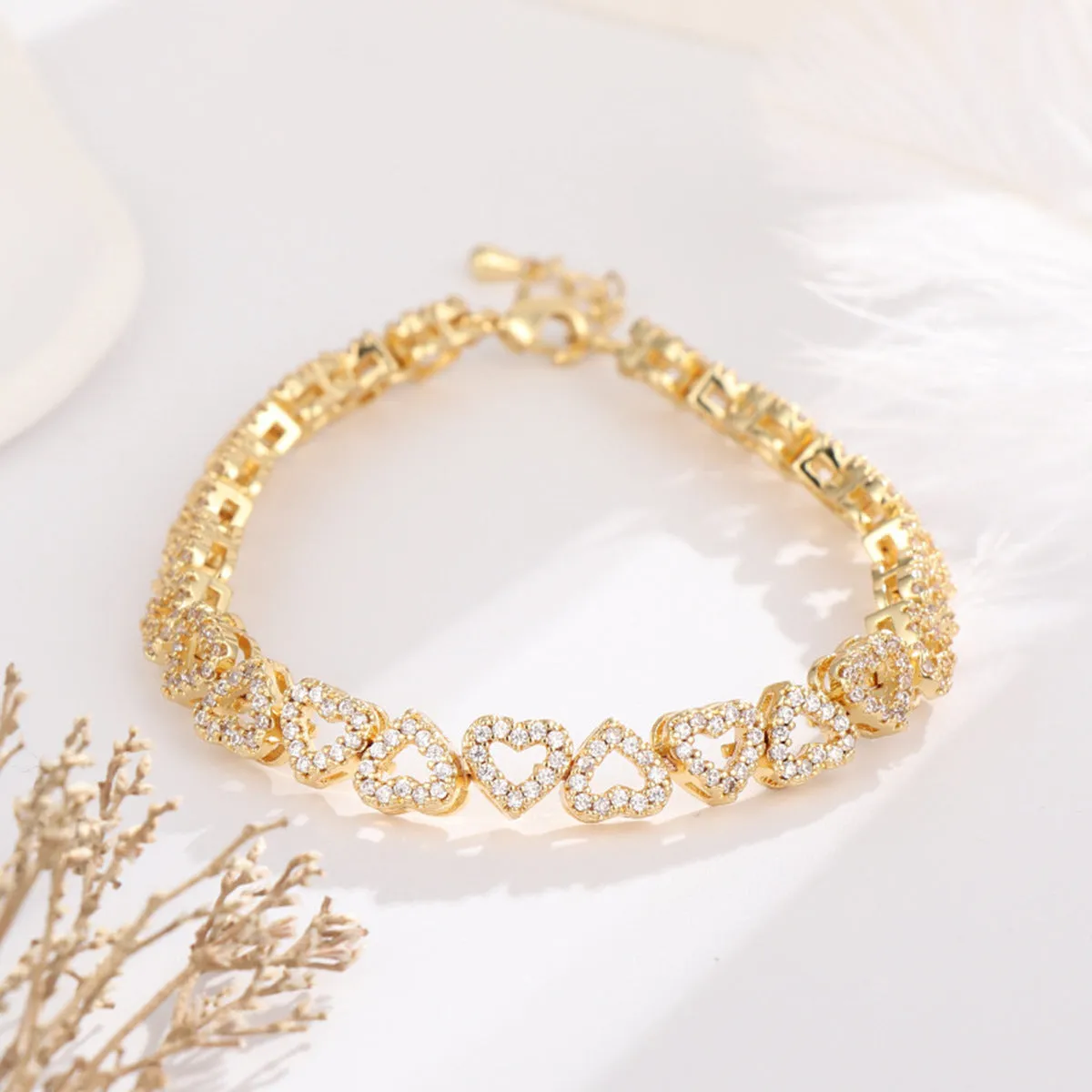 Girl's diamond bracelet with full diamond heart, silver electroplated finish, copper base, heart shaped jewellery for women