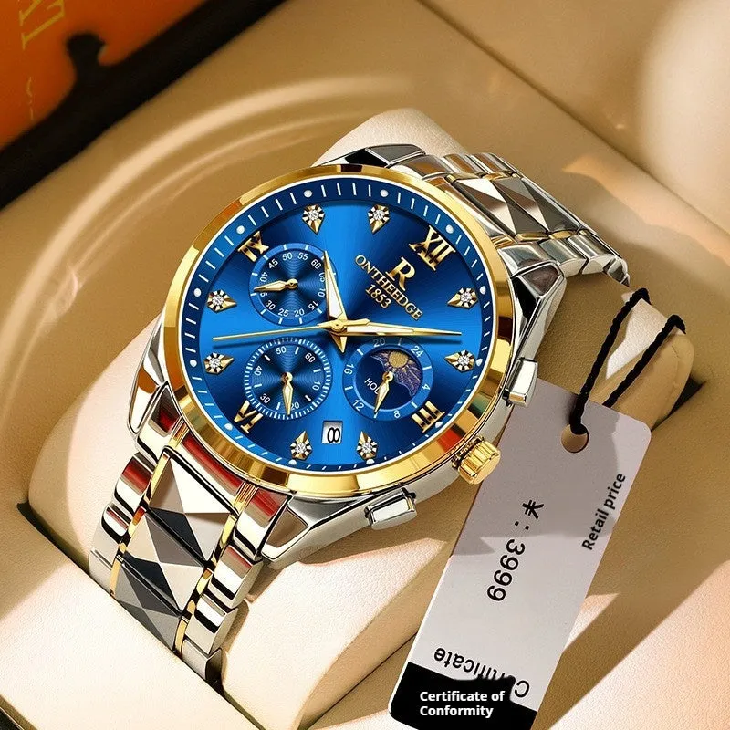 Tungsten steel quartz business watch with 43mm mineral glass dial and butterfly buckle on white background