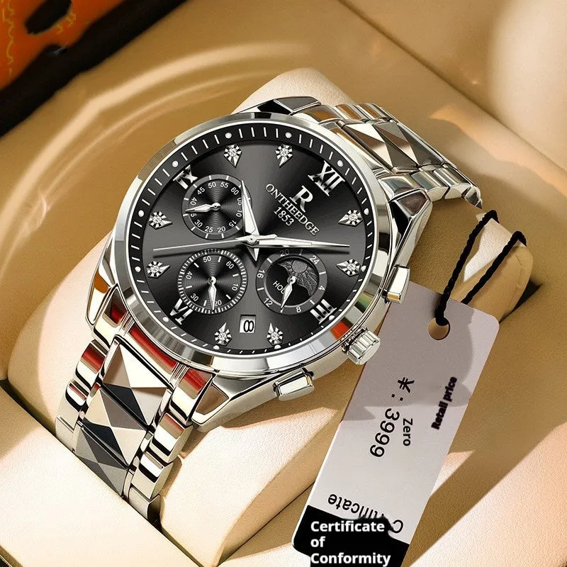 Tungsten steel quartz business watch with 43mm mineral glass dial and butterfly buckle on white background