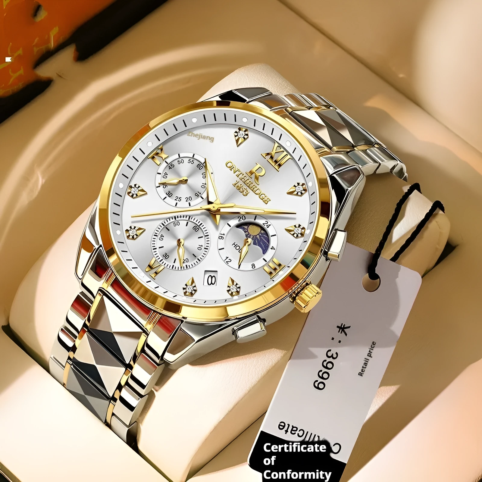 Tungsten steel quartz business watch with 43mm mineral glass dial and butterfly buckle on white background