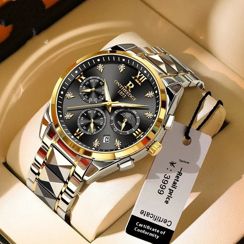 Tungsten steel quartz business watch with 43mm mineral glass dial and butterfly buckle on white background