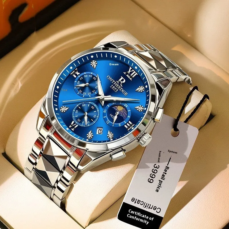 Tungsten steel quartz business watch with 43mm mineral glass dial and butterfly buckle on white background