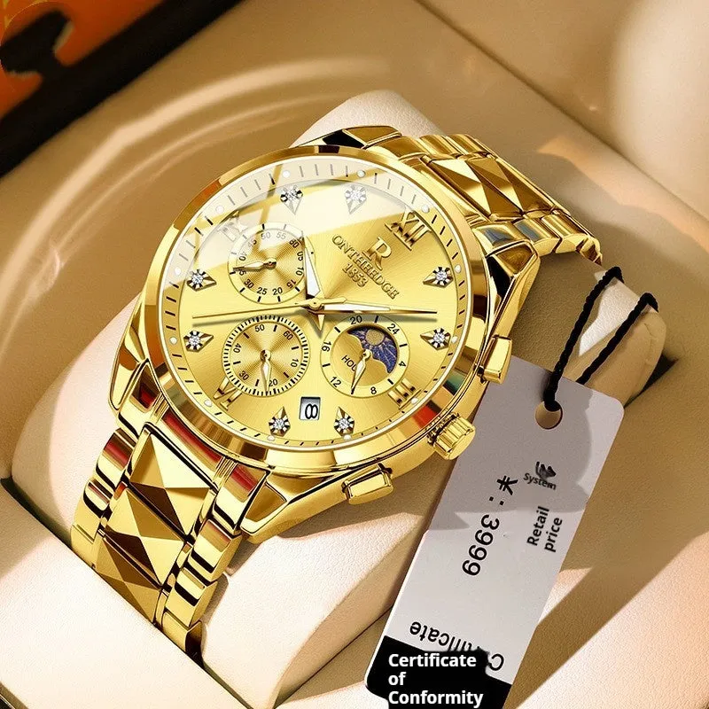 Tungsten steel quartz business watch with 43mm mineral glass dial and butterfly buckle on white background