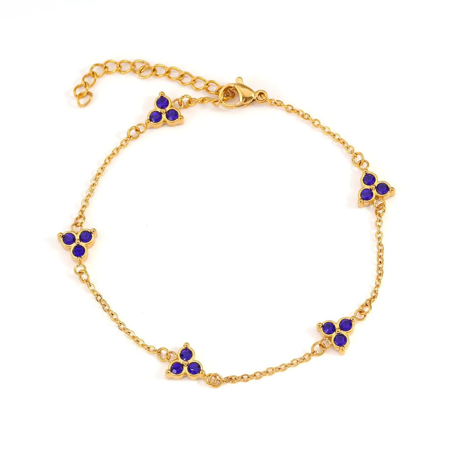 Women's stainless steel geometric bracelet with three diamond triangle design and coloured stone accents