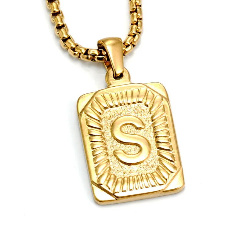 Gold-plated 18K titanium steel letter pendant necklace on a pearl chain, unisex design, gold colour