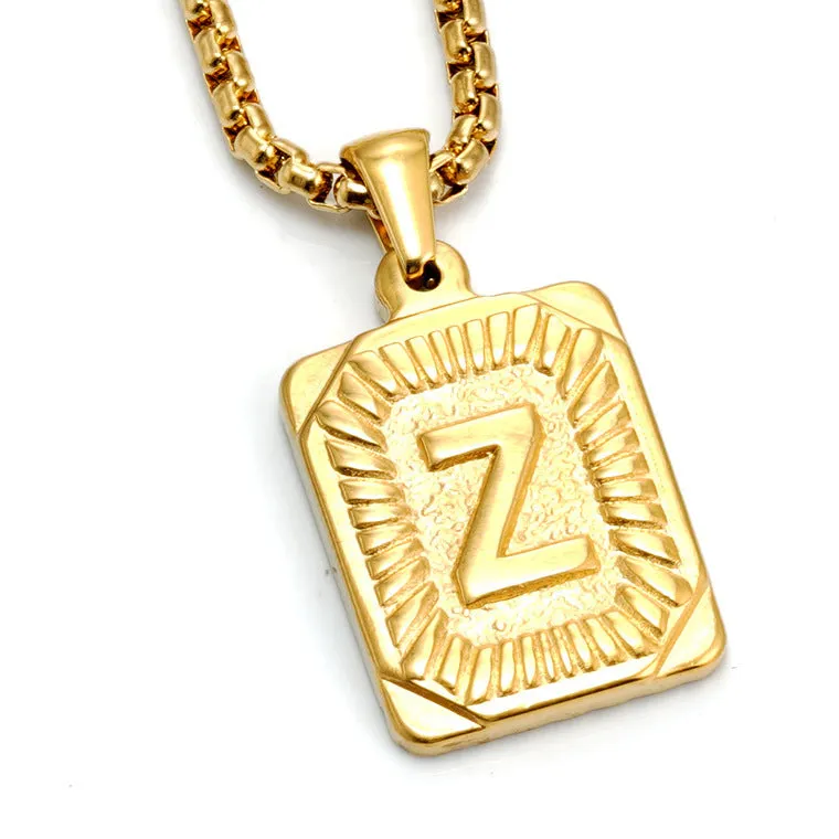 Gold-plated 18K titanium steel letter pendant necklace on a pearl chain, unisex design, gold colour