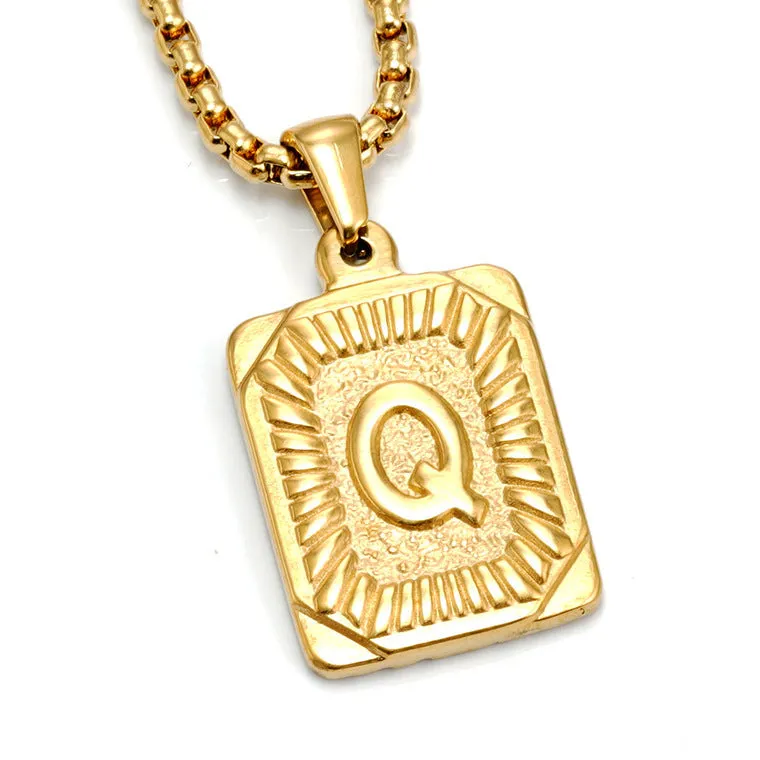 Gold-plated 18K titanium steel letter pendant necklace on a pearl chain, unisex design, gold colour