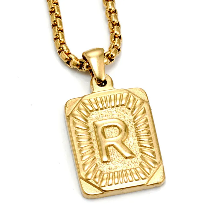 Gold-plated 18K titanium steel letter pendant necklace on a pearl chain, unisex design, gold colour