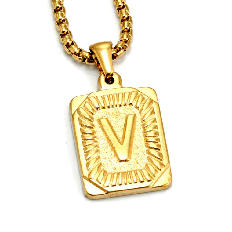 Gold-plated 18K titanium steel letter pendant necklace on a pearl chain, unisex design, gold colour