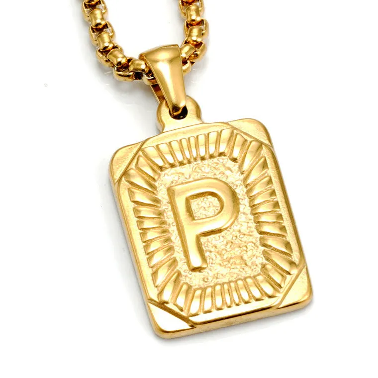 Gold-plated 18K titanium steel letter pendant necklace on a pearl chain, unisex design, gold colour