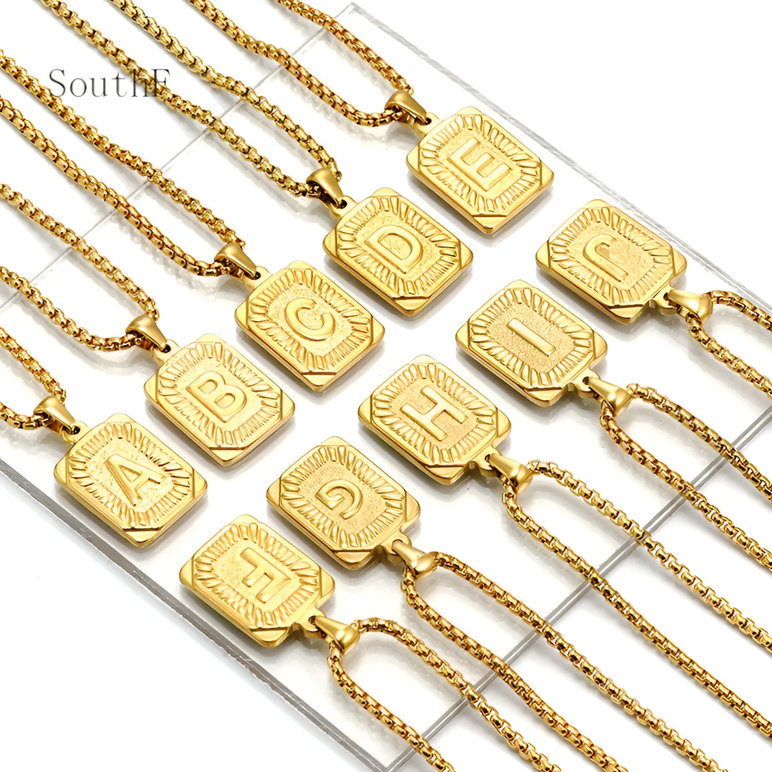 Gold-plated 18K titanium steel letter pendant necklace on a pearl chain, unisex design, gold colour