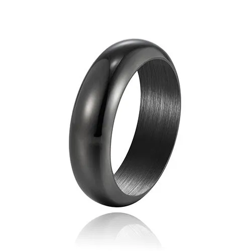 Glossy electroplated titanium steel ring shown in gold, black, and steel colour on a plain background.