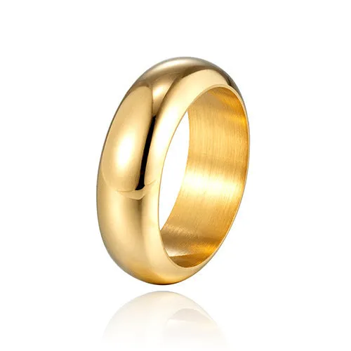 Glossy electroplated titanium steel ring shown in gold, black, and steel colour on a plain background.