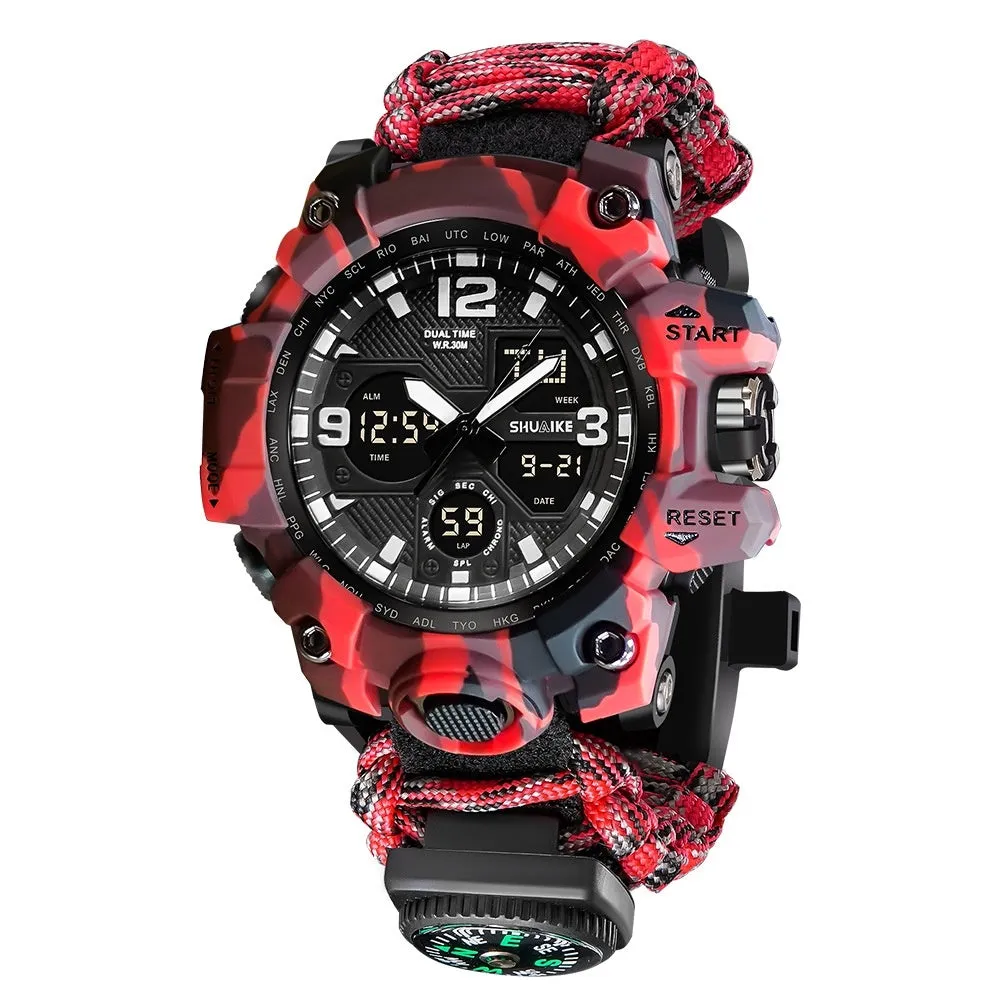 Double display electronic watch for men with compass, thermometer, whistle, and ignition on 1.3 inch screen