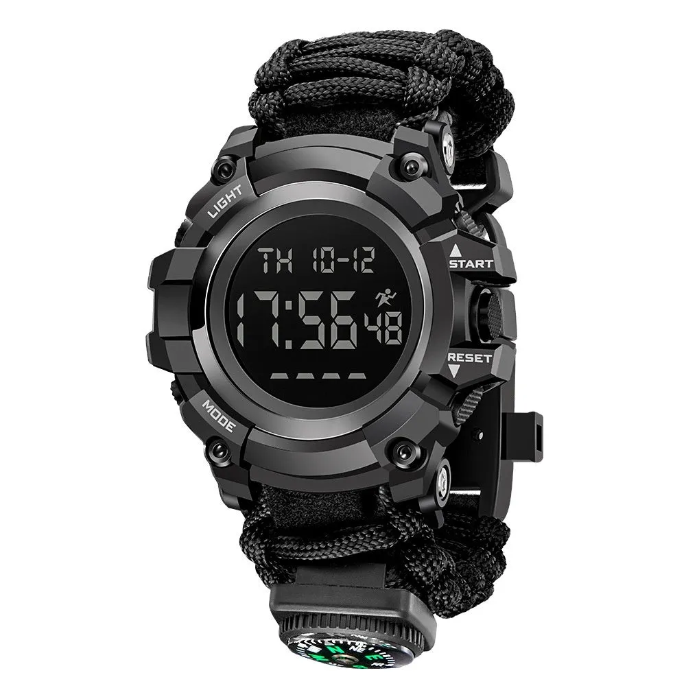 Double display electronic watch for men with compass, thermometer, whistle, and ignition on 1.3 inch screen