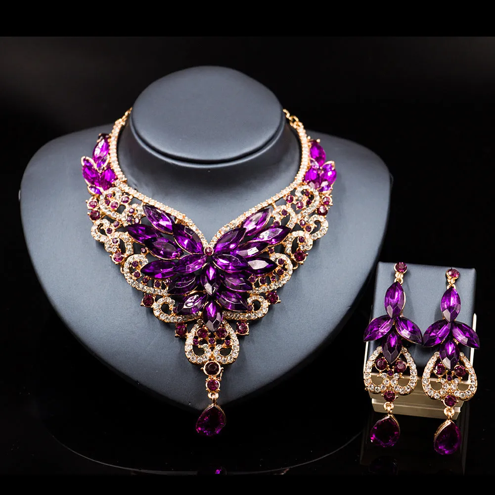 Exaggerated bride necklace and earrings set in alloy with diamond-cut finish, available in multiple colours