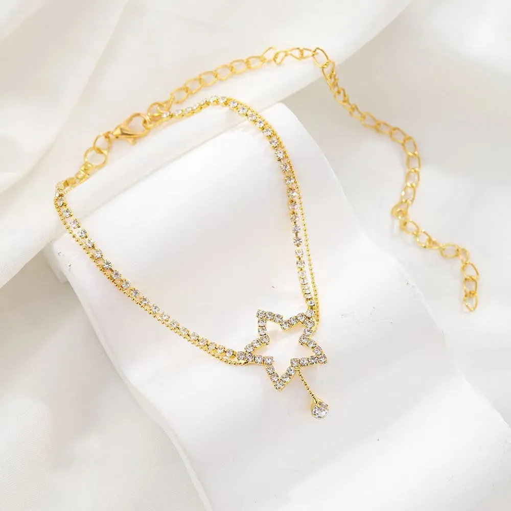 Women's rhinestone five-pointed star heart shape anklet in gold or silver gold-plated finish