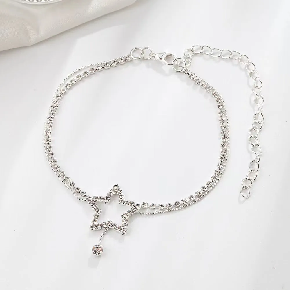 Women's rhinestone five-pointed star heart shape anklet in gold or silver gold-plated finish