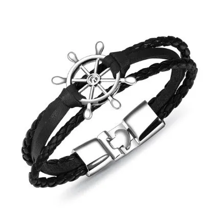 Alloy leather charm bracelet with black clasp fastening in brown colour option