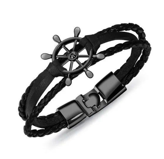 Alloy leather charm bracelet with black clasp fastening in brown colour option