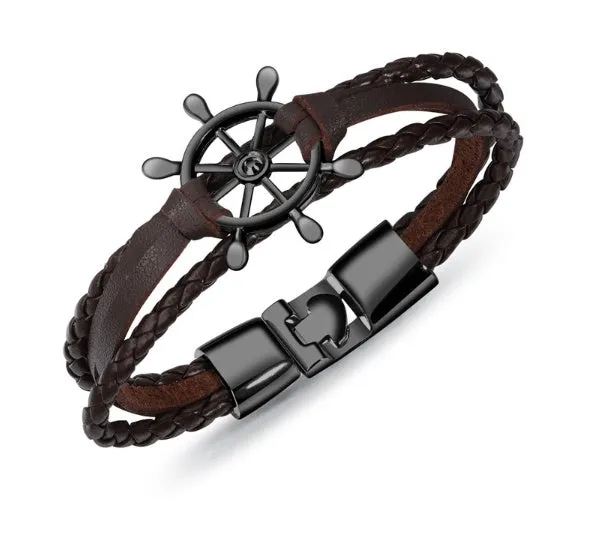 Alloy leather charm bracelet with black clasp fastening in brown colour option
