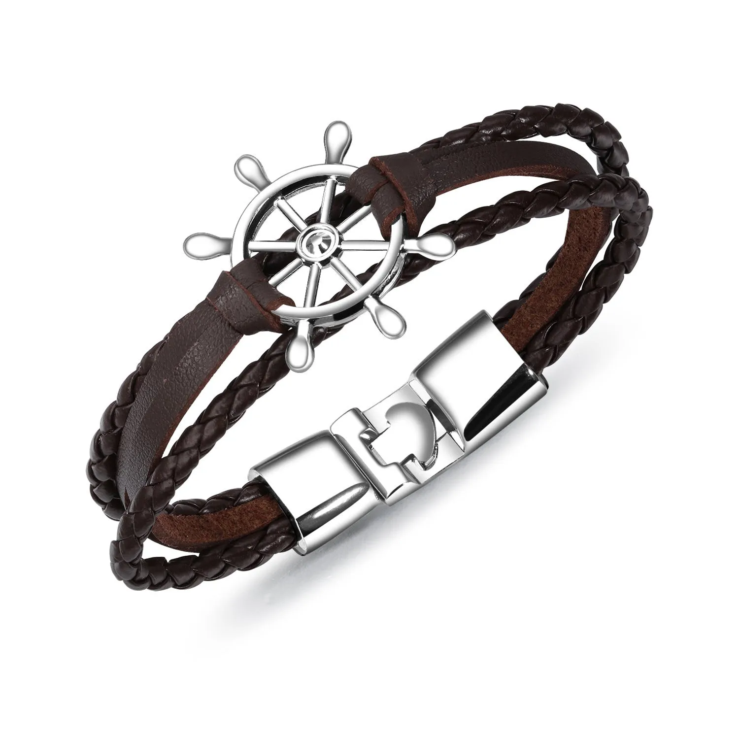Alloy leather charm bracelet with black clasp fastening in brown colour option
