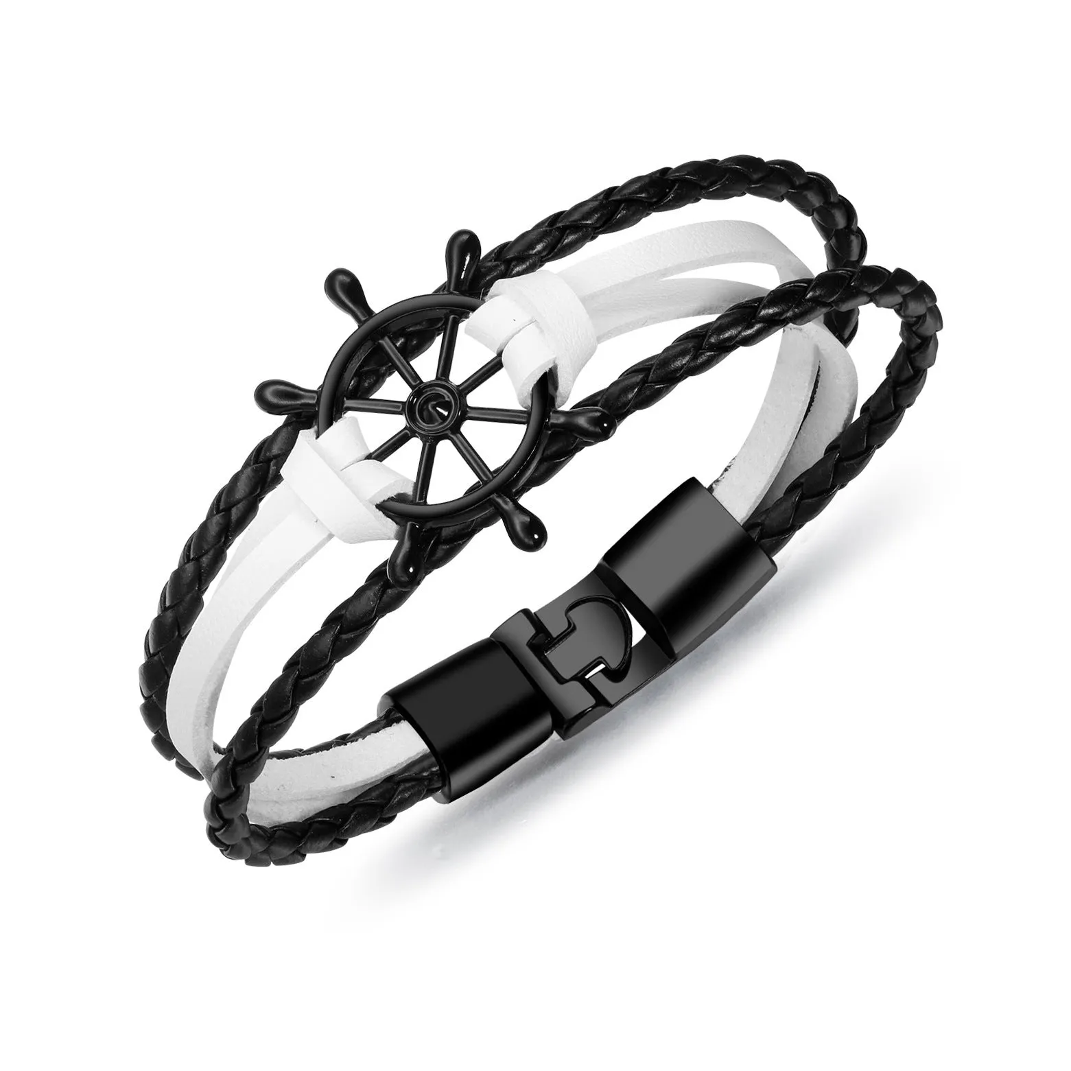 Alloy leather charm bracelet with black clasp fastening in brown colour option