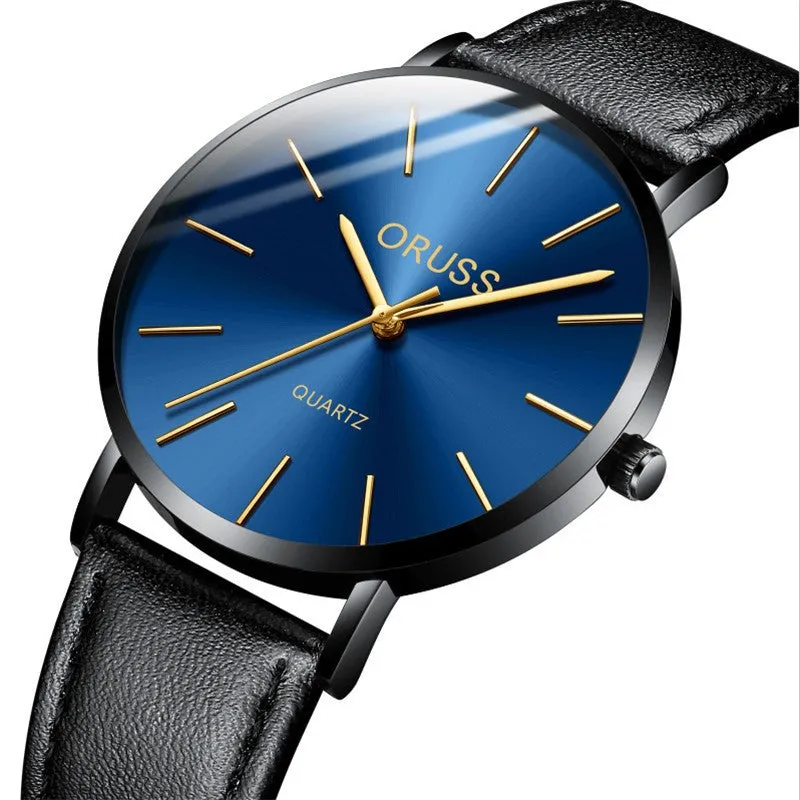 Men's ultra-thin quartz belt watch with alloy case, mineral glass mirror, black dial, and leather-style strap