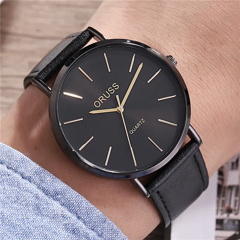 Men's ultra-thin quartz belt watch with alloy case, mineral glass mirror, black dial, and leather-style strap